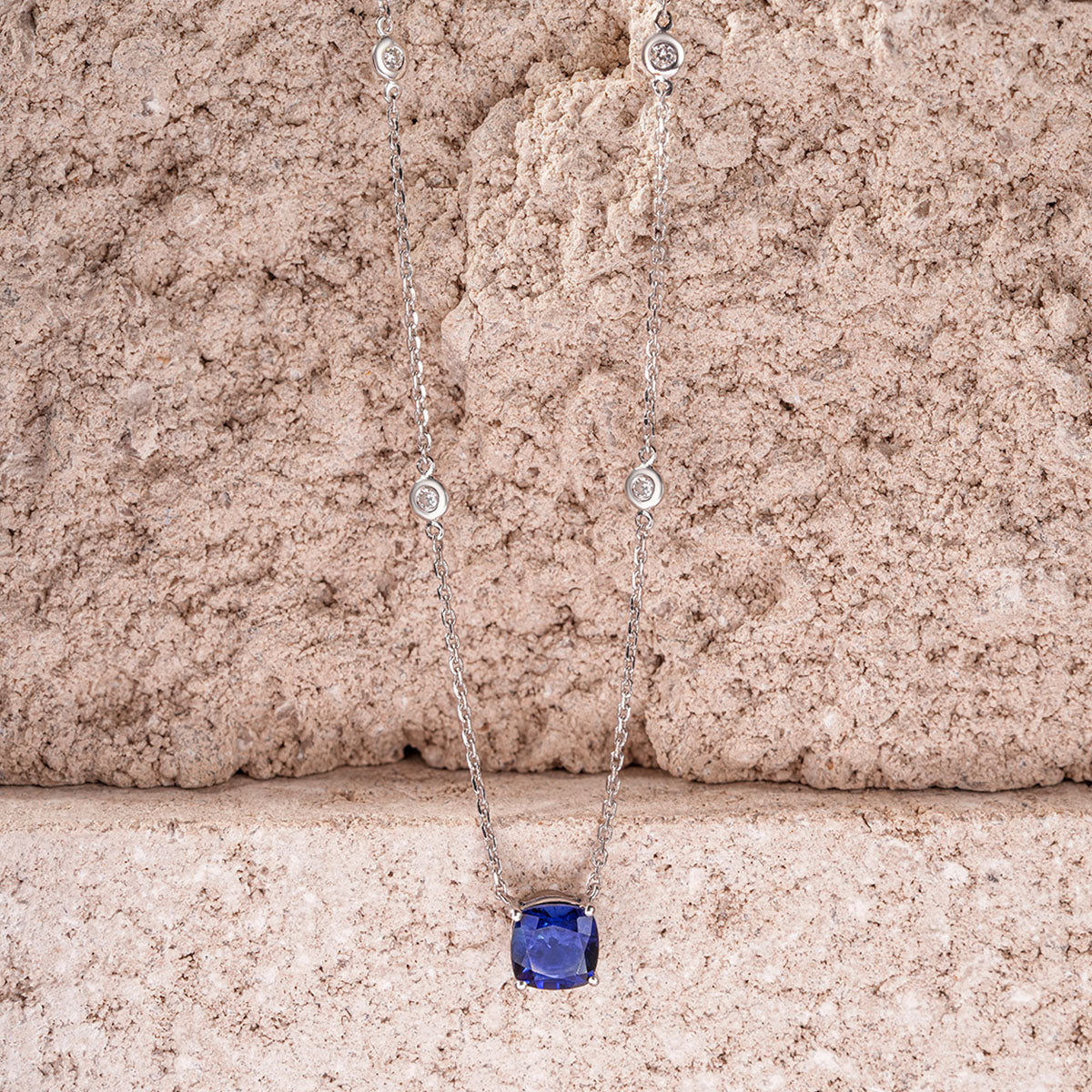 Astra 2.40ct Lab Sapphire and Diamond Solitaire Cushion Cut Necklace in Silver